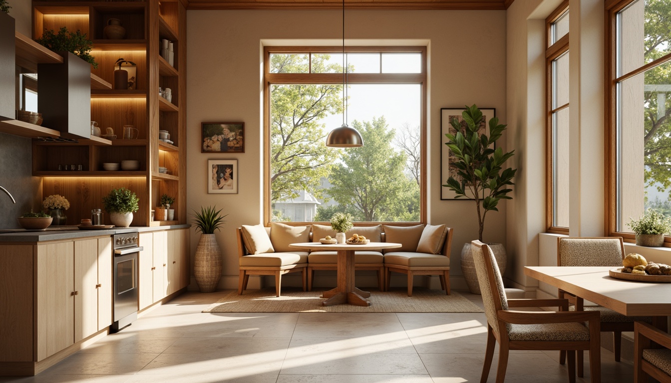 Prompt: Cozy breakfast nook, warm beige walls, rich wood accents, soft morning light, circular table, plush cushioned chairs, built-in banquette seating, natural stone flooring, creamy white countertops, stainless steel appliances, modern pendant lighting, delicate ceramic tiles, earthy color palette, 1/1 composition, shallow depth of field, realistic textures, ambient occlusion.