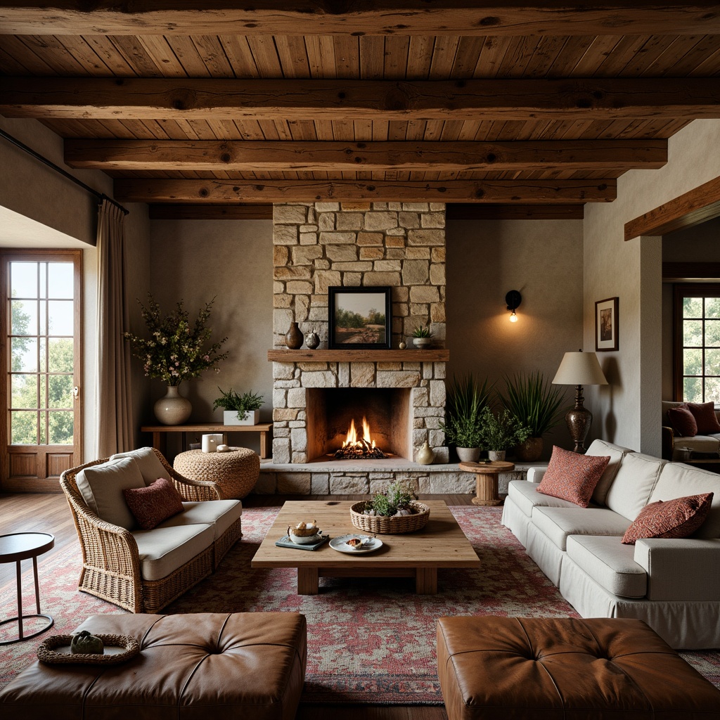 Prompt: Cozy rustic great room, stone fireplace, wooden beam ceiling, earthy color palette, plush furnishings, natural textures, woven baskets, vintage decor, warm ambient lighting, shallow depth of field, 1/1 composition, soft focus effect, inviting atmosphere, wooden accents, rich leathers, distressed finishes, natural materials, organic shapes, warm neutral tones.