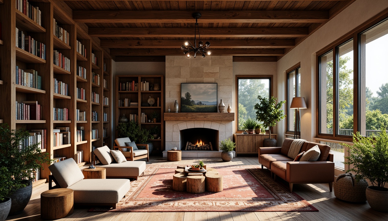 Prompt: Cozy farmhouse library, rustic wooden shelves, vintage books, comfortable reading nooks, warm pendant lighting, industrial metal chandeliers, soft candlelight, natural stone fireplace, earthy color palette, reclaimed wood accents, plush area rugs, distressed leather armchairs, floor-to-ceiling windows, panoramic countryside views, morning sunlight, gentle shadows, shallow depth of field, 1/2 composition, realistic textures, ambient occlusion.