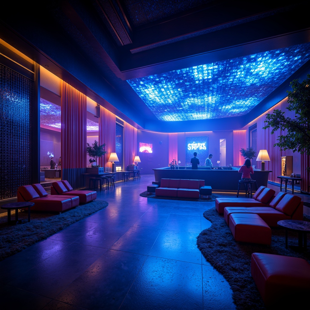 Prompt: Vibrant nightclub, dark blue neon lights, strobe effects, DJ booth, dance floor, textured walls, metallic surfaces, glossy floors, velvet curtains, luxurious lounge areas, LED light installations, futuristic architecture, minimalist decor, dim warm lighting, shallow depth of field, 1/1 composition, realistic reflections, ambient occlusion.