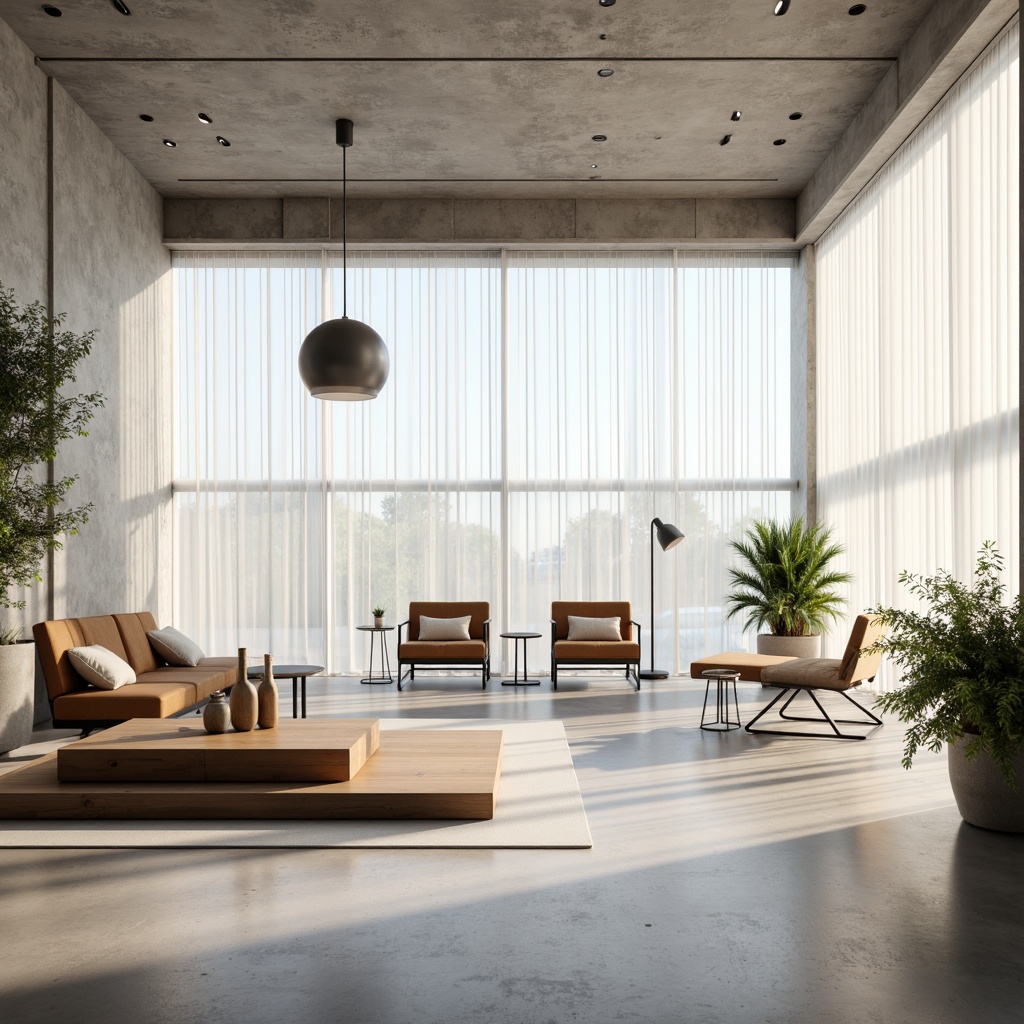 Prompt: Minimalist interior space, abundant natural light, floor-to-ceiling windows, sheer white curtains, polished concrete floors, sleek wooden furniture, subtle textures, neutral color palette, industrial-chic lighting fixtures, greenery accents, potted plants, geometric-shaped decor, airy atmosphere, shallow depth of field, 1/1 composition, warm soft focus, realistic reflections.