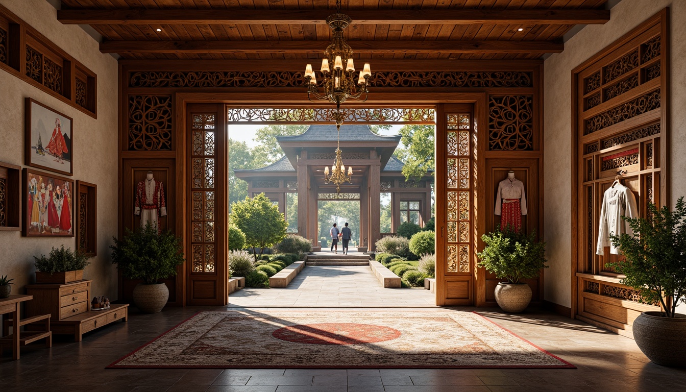 Prompt: \Intricately carved wooden doors, vibrant traditional clothing displays, ornate lanterns, cultural heritage artifacts, grand high ceilings, luxurious carpets, elegant chandeliers, majestic stone columns, serene water features, lush greenery, natural light pouring in, warm cozy atmosphere, shallow depth of field, 3/4 composition, realistic textures, ambient occlusion, emphasizing traditional craftsmanship, intricate patterns, rich colors, cultural storytelling.\