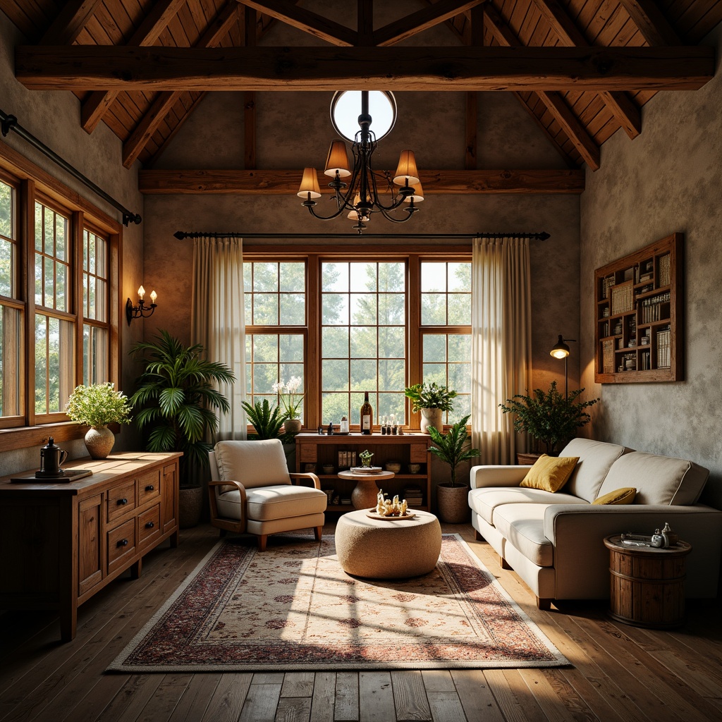 Prompt: Rustic farmhouse interior, warm candlelight, soft lanterns, pendant lamps, natural materials, wooden beams, stone walls, earthy tones, cozy atmosphere, comfortable furnishings, vintage decor, distressed wood accents, woven textiles, greenery, fresh flowers, large windows, sunny day, warm lighting, shallow depth of field, 1/1 composition, realistic textures, ambient occlusion.