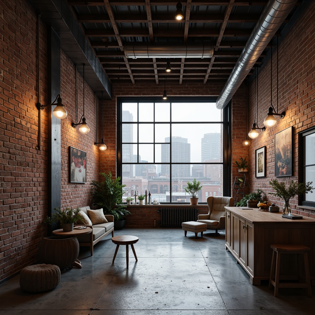 Prompt: Exposed brick walls, metal beams, reclaimed wood accents, industrial-style lighting fixtures, concrete floors, urban cityscape, converted warehouse, modern loft apartment, high ceilings, open ductwork, Edison bulbs, steel windows, minimalist decor, functional spaces, distressed finishes, neutral color palette, gritty textures, atmospheric misting, cinematic shallow depth of field, 2/3 composition, realistic reflections.