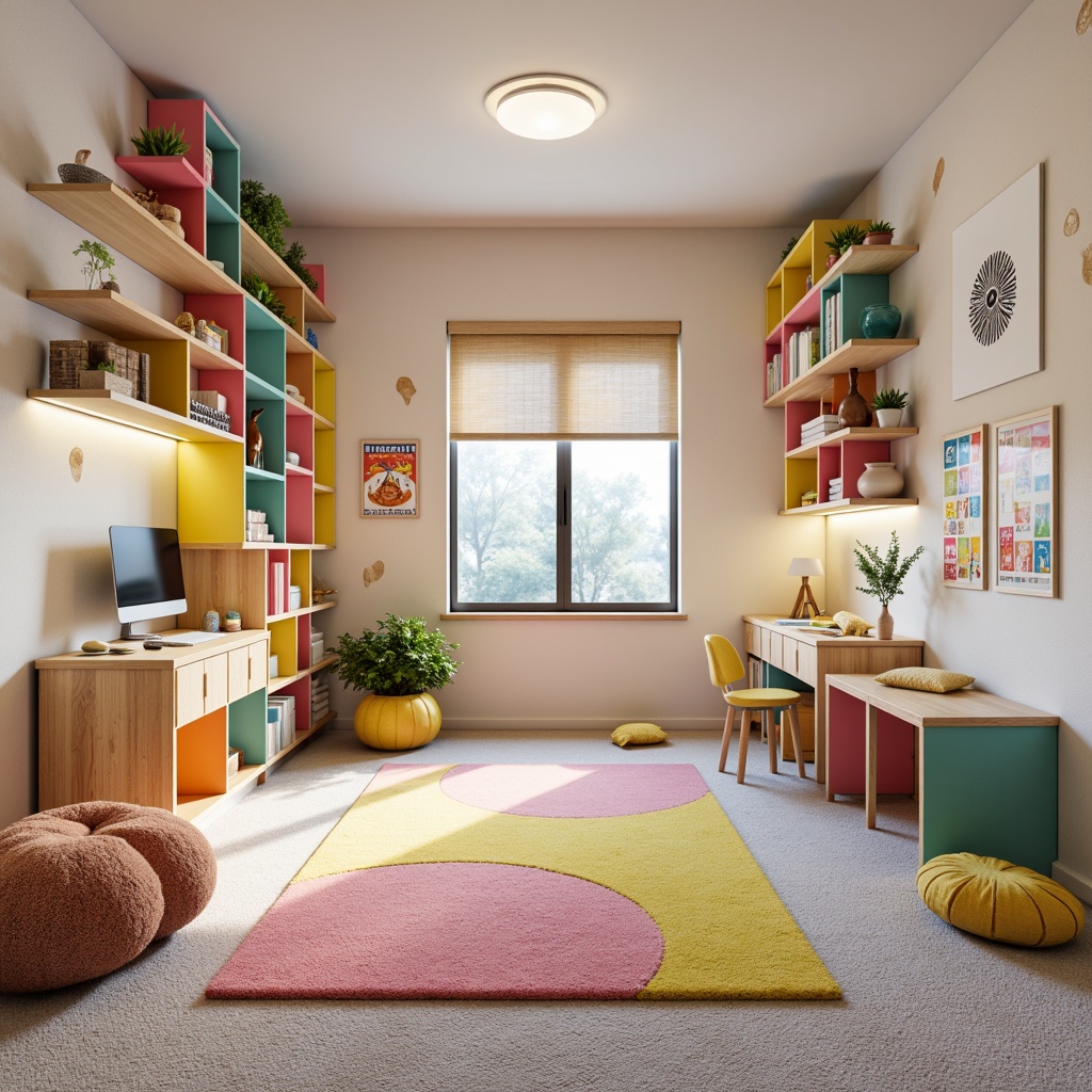 Prompt: Whimsical kids' room, bright pastel colors, playful patterns, soft plush carpets, cozy reading nooks, interactive storage units, colorful modular shelves, ergonomic desk chairs, fun geometric-shaped tables, vibrant wall decals, stimulating educational posters, adjustable ambient lighting, warm wooden accents, sturdy kid-friendly materials, creative hiding compartments, imaginative play structures, safe rounded edges, compact storage solutions, futuristic LED lights, virtual reality integration.