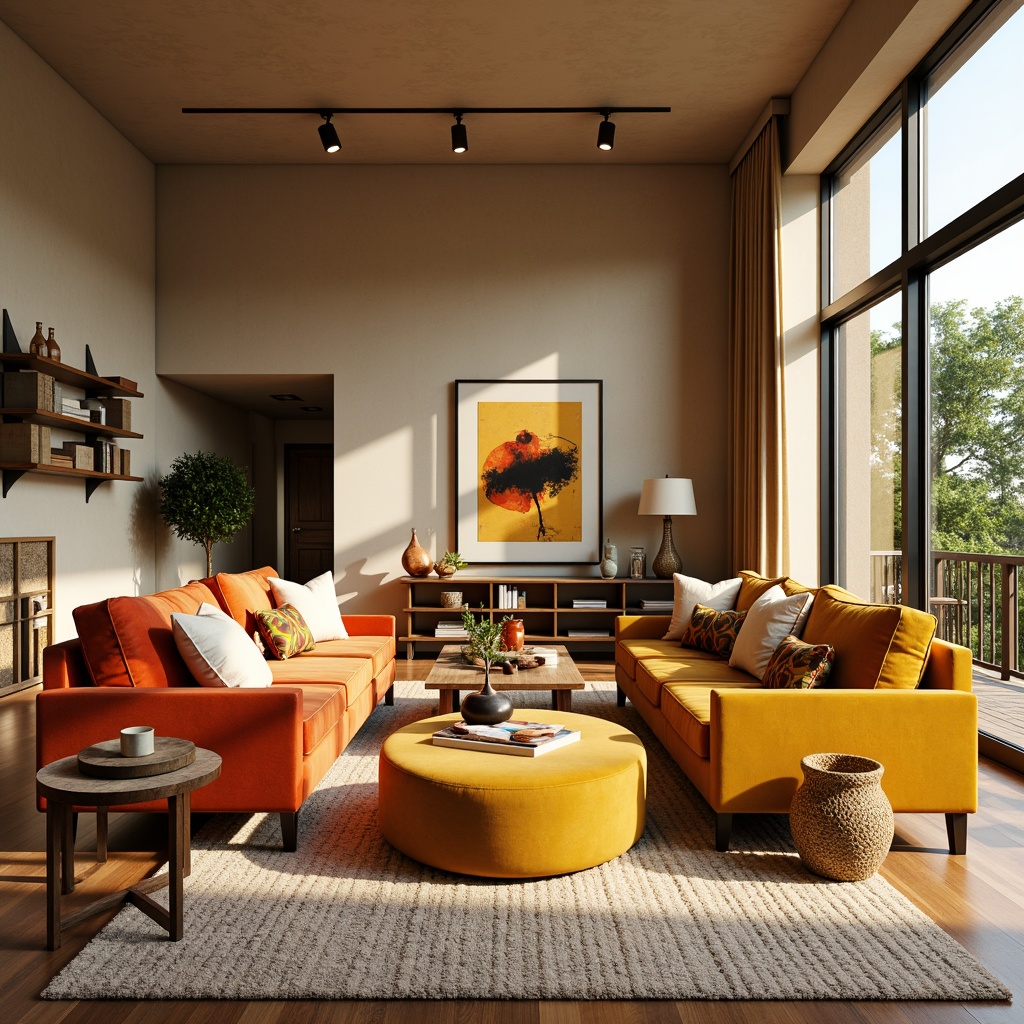 Prompt: Vibrant family room, warm beige walls, rich wood furniture, plush velvet sofas, accent pillows, bold yellow ottoman, statement lighting fixtures, natural fiber rugs, eclectic decorative objects, modern abstract artwork, floor-to-ceiling windows, soft drapery, warm golden lighting, shallow depth of field, 2/3 composition, realistic textures, ambient occlusion.