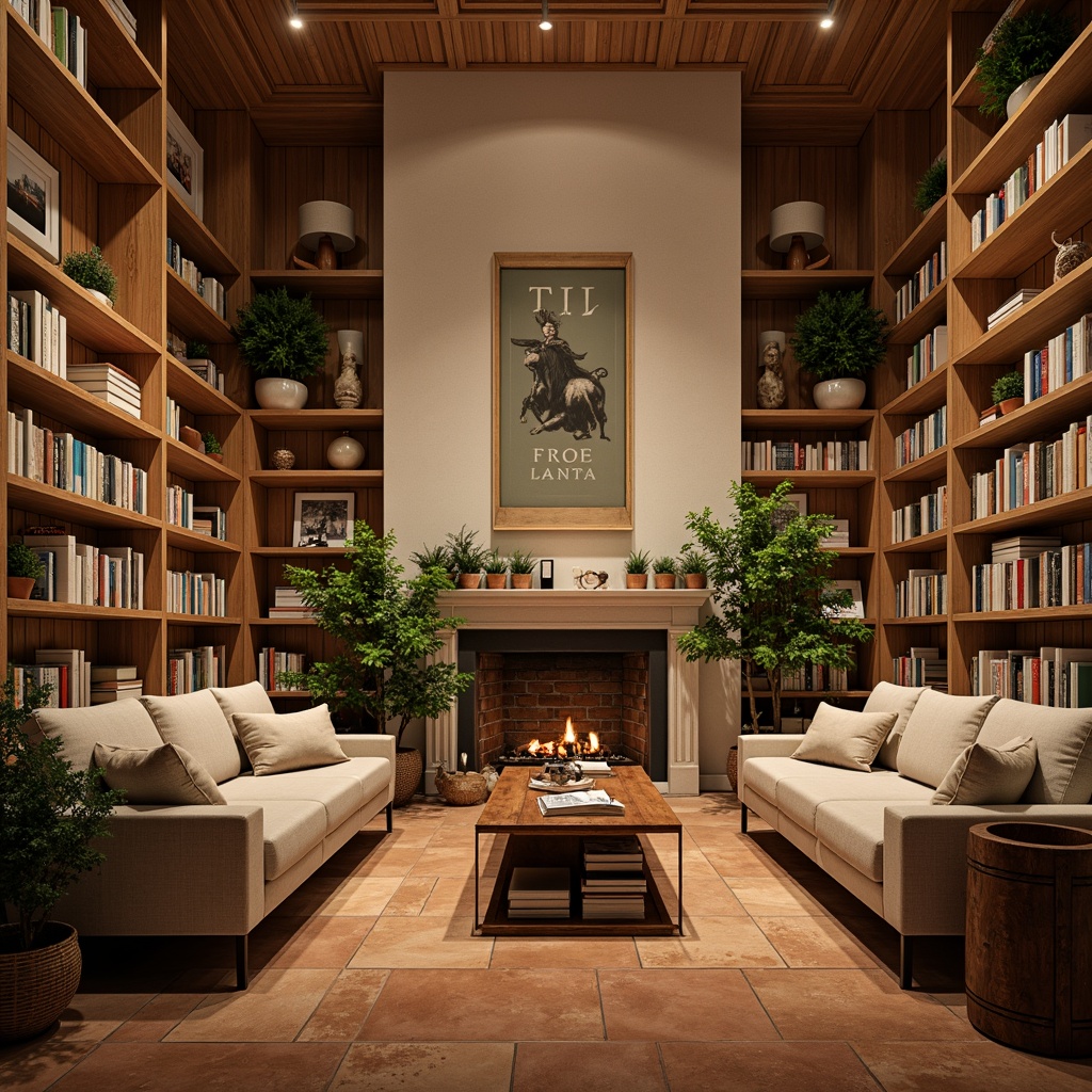 Prompt: Rich wooden shelves, warm beige walls, cozy reading nooks, comfortable seating areas, vintage book collections, soft golden lighting, earthy terracotta floors, natural stone fireplaces, lush greenery, minimalist decor, elegant typography, leather-bound books, rustic wood accents, creamy whites, muted blues, warm neutrals, atmospheric depth of field, shallow focus, 3/4 composition, realistic textures, ambient occlusion.