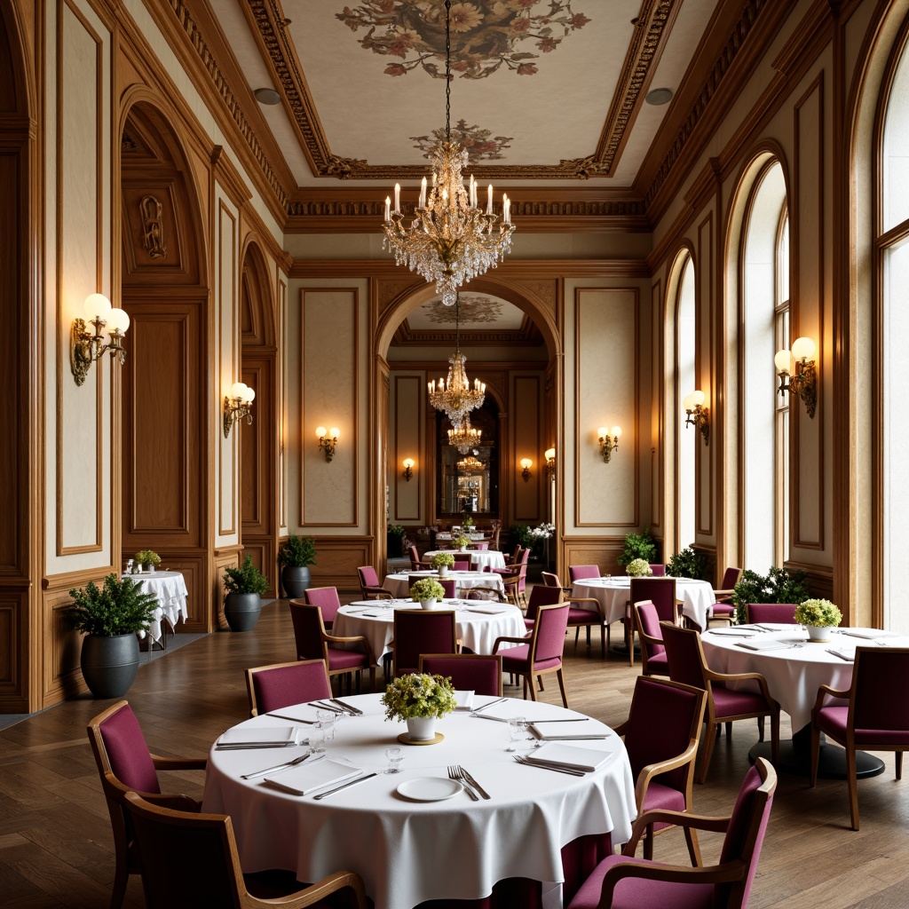 Prompt: Elegant neoclassical dining hall, ornate wall paneling, rich wood tones, gilded moldings, subtle lighting sconces, cream-colored marble walls, intricate fresco ceilings, grand chandeliers, luxurious drapery, velvet upholstery, refined architectural details, symmetrical compositions, shallow depth of field, 1/1 composition, warm softbox lighting, realistic textures, ambient occlusion.