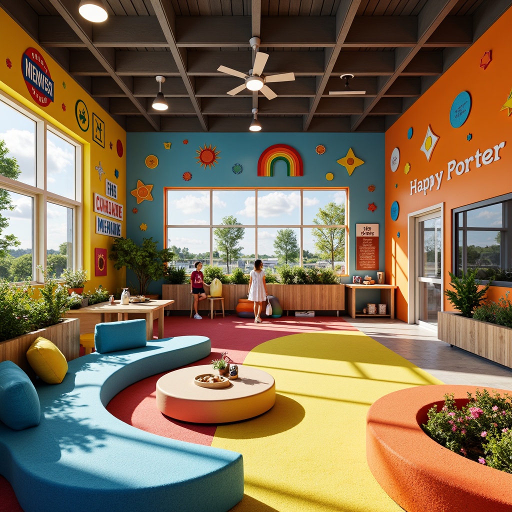 Prompt: Vibrant youth center, playful atmosphere, bold color scheme, energetic hues, bright walls, fun patterns, inspirational quotes, modern furniture, collaborative workspaces, technology integration, interactive exhibits, comfortable seating areas, natural light, airy feel, dynamic shapes, youthful textures, fresh flowers, sunny day, soft warm lighting, shallow depth of field, 3/4 composition, panoramic view, realistic textures, ambient occlusion.