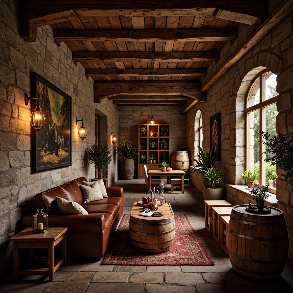 Prompt: Rustic winery interior, reclaimed wood accents, vintage wine barrels, earthy color palette, stone walls, wooden crates, metal lanterns, distressed leather sofas, wooden tables, wine-themed decor, dim warm lighting, soft focus photography, 1/1 composition, realistic textures, ambient occlusion.