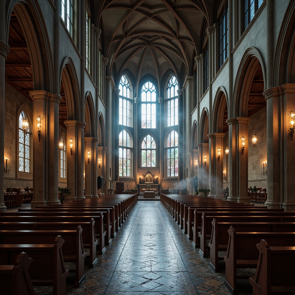 Prompt: Elegant Gothic chapel, grand cathedral ceilings, intricately carved wooden pews, polished stone floors, ornate tile patterns, richly colored stained glass windows, mystical ambiance, dim warm lighting, atmospheric fog effect, 1/1 composition, dramatic high-angle shot, detailed textures, subtle ambient occlusion.