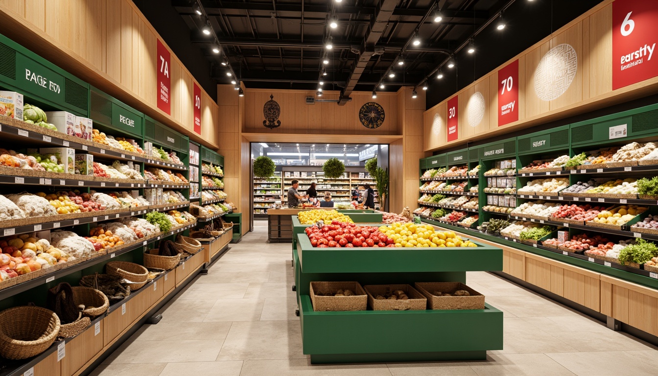 Prompt: Vibrant grocery store interior, warm beige walls, rich wood accents, fresh green produce stands, colorful fruit displays, crisp white shelves, bold red sale signs, earthy brown baskets, natural stone flooring, modern industrial lighting, cozy atmosphere, shallow depth of field, 1/1 composition, realistic textures, ambient occlusion.