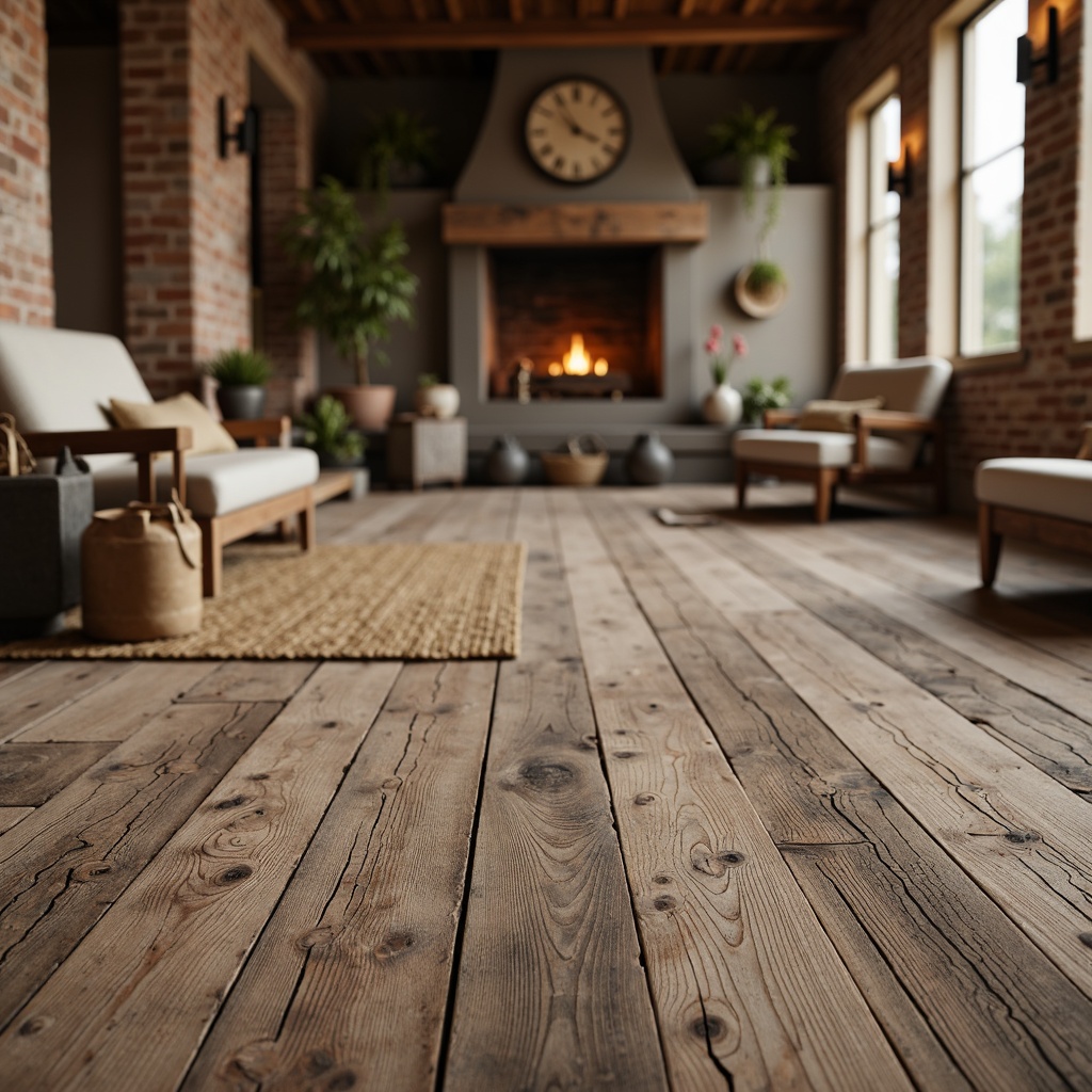 Prompt: Rustic farmhouse, distressed wood flooring, reclaimed barnwood planks, weathered oak textures, earthy tone color palette, natural stone inlays, woven jute rugs, vintage metal accents, exposed brick walls, wooden beams, soft warm lighting, cozy atmosphere, 3/4 composition, shallow depth of field, realistic textures.