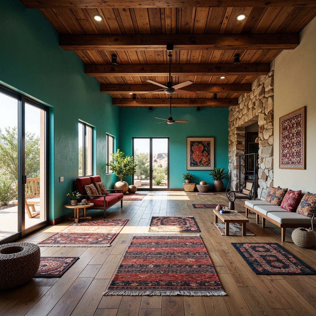 Prompt: Vibrant turquoise walls, rustic wooden floors, Southwestern patterned rugs, colorful woven baskets, ethnic-inspired textiles, distressed wood accents, wrought iron equipment racks, natural stone feature walls, earthy tone color palette, warm ambient lighting, modern fitness machines, free weights, exercise balls, yoga mats, desert landscape views, large windows, sliding glass doors, tribal print throw pillows, geometric patterned wall art, reclaimed wood ceiling beams, eclectic decorative accessories.