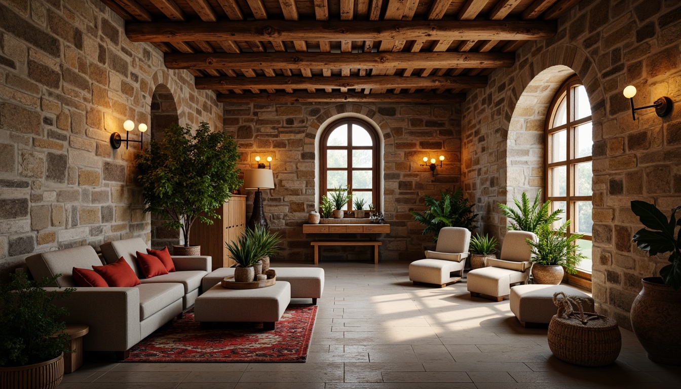 Prompt: Rustic stone walls, earthy tones, natural textures, organic patterns, distressed finishes, vintage decor, warm ambient lighting, cozy intimate spaces, layered compositions, 3D visual effects, realistic rendering, atmospheric perspective, shallow depth of field, soft focus, artistic impressions.