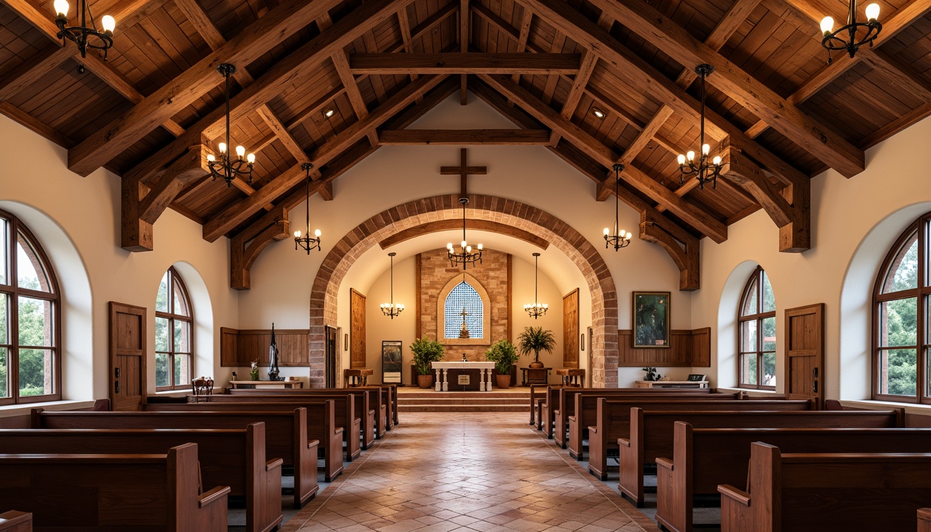 Prompt: \Intricate wooden beams, rustic vigas, earthy terracotta tiles, vibrant turquoise accents, ornate metalwork, lantern-inspired lighting, rich cultural heritage, warm adobe hues, natural stone walls, stained glass windows, majestic vaulted ceilings, sacred altar spaces, serene ambiance, soft warm illumination, shallow depth of field, 3/4 composition, symmetrical framing.\This prompt includes details about the ceiling (wooden beams, vigas), incorporates Southwestern elements (earthy terracotta tiles, turquoise accents), and describes the overall atmosphere and setting of a church in this region.