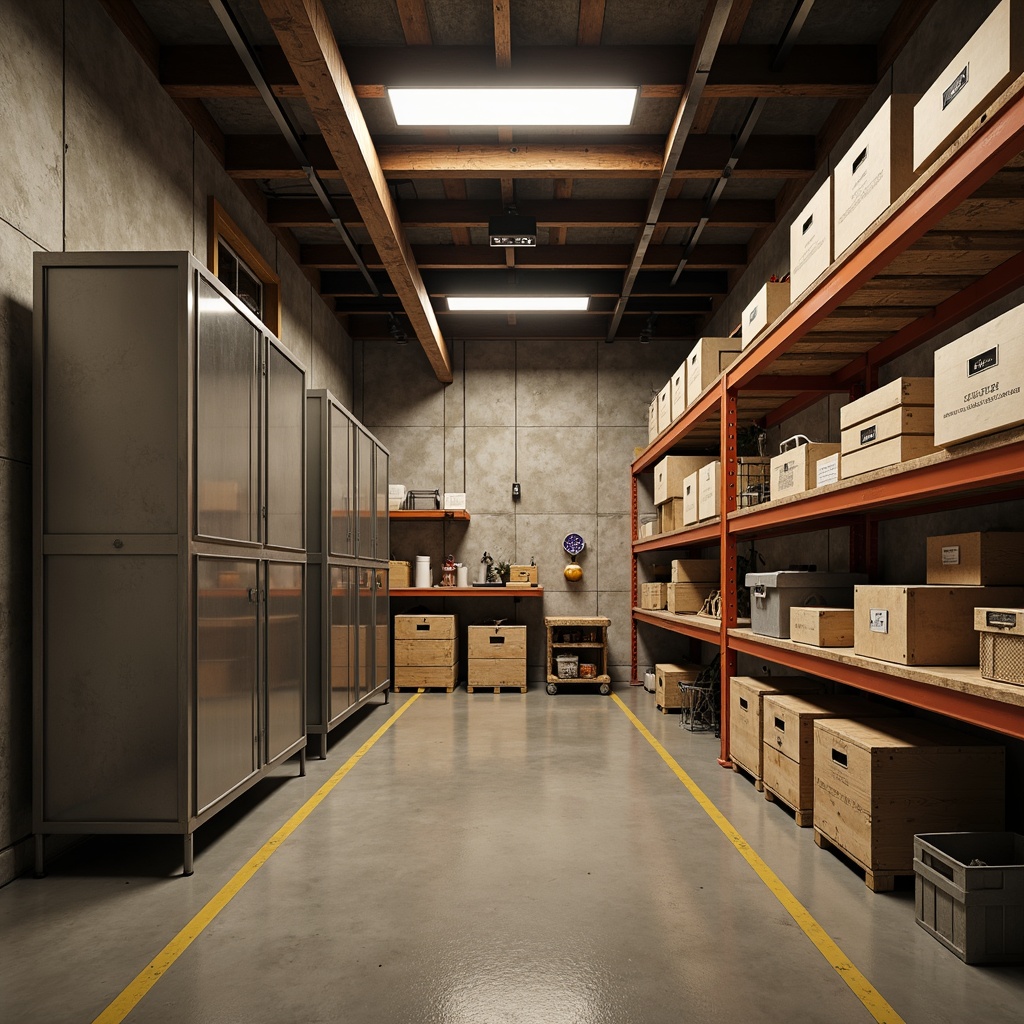 Prompt: \Cozy storage room, industrial shelving units, metal cabinets, wooden crates, labeled bins, overhead storage racks, epoxy resin flooring, concrete walls, modern LED lighting, soft warm ambiance, shallow depth of field, 1/1 composition, realistic textures, ambient occlusion, clutter-free organization, minimalist decor, functional furniture pieces.\