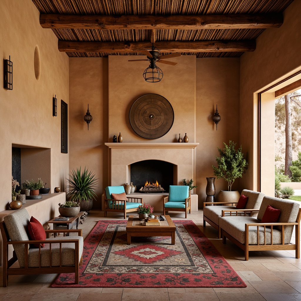 Prompt: Southwestern-style interior, warm earthy tones, natural materials, woven textiles, hand-carved wooden furniture, vibrant turquoise accents, bold geometric patterns, rustic metalwork, reclaimed wood pieces, plush desert-inspired upholstery, comfortable seating areas, cozy fireplaces, earthy ceramic vases, vintage Navajo-inspired rugs, soft warm lighting, shallow depth of field, 3/4 composition, panoramic view, realistic textures, ambient occlusion.