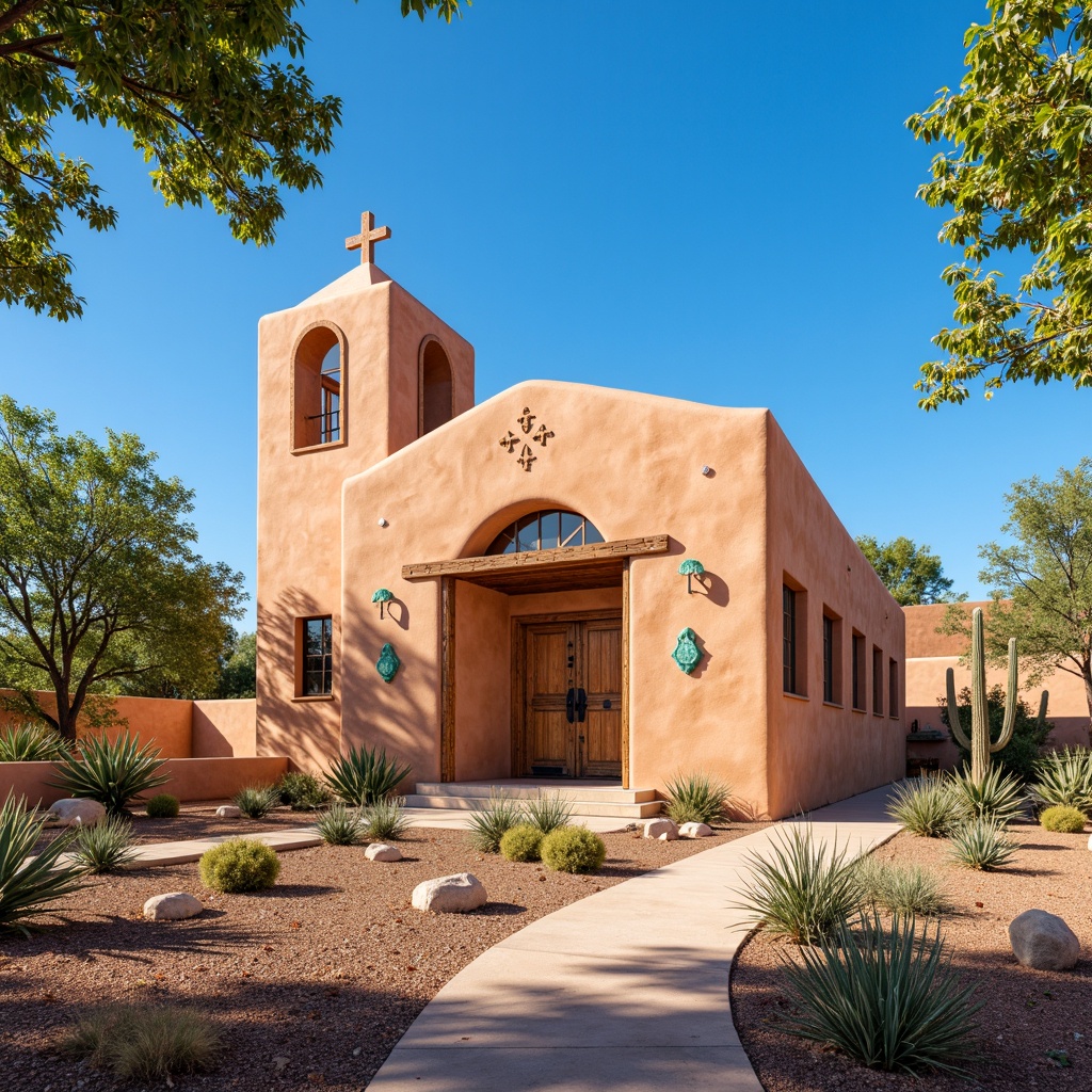 Prompt: Vibrant southwestern church, adobe architecture, earthy tone walls, turquoise accents, rustic wooden doors, ornate metalwork, vibrant textiles, geometric patterns, desert landscape, cactus plants, clear blue sky, warm sunny day, soft natural lighting, shallow depth of field, 3/4 composition, panoramic view, realistic textures, ambient occlusion.