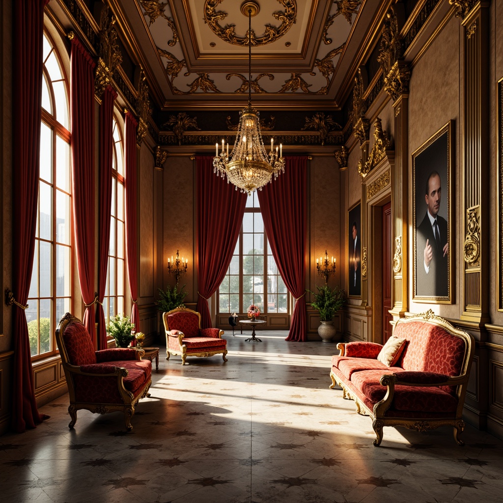 Prompt: Ornate Baroque interior, lavish furnishings, rich velvet fabrics, gilded wooden frames, intricately carved details, grandiose chandeliers, opulent drapery, luxurious marble floors, stately columns, sweeping archways, majestic high ceilings, warm golden lighting, dramatic shadows, 1/2 composition, atmospheric perspective, highly detailed textures, realistic reflections.