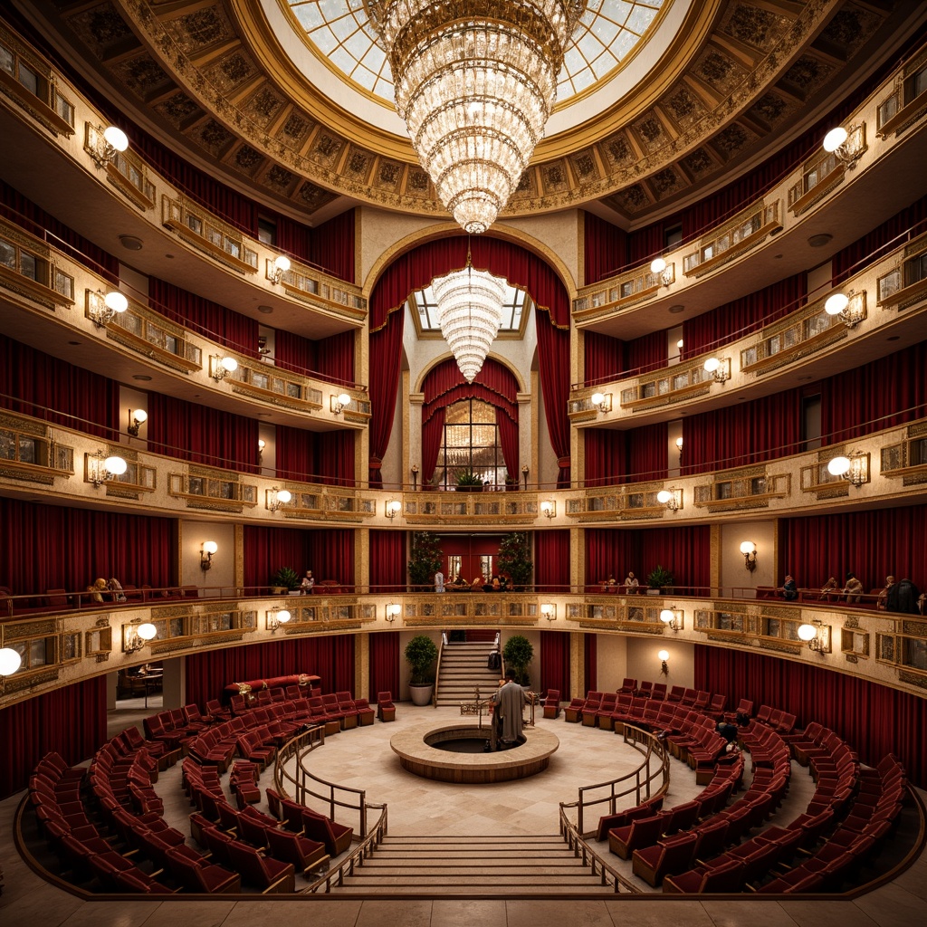 Prompt: \Elegant opera house interior, grand chandelier, curved staircase, ornate balconies, lavish red curtains, intricate glass mosaics, delicate crystal fixtures, refined metal accents, polished marble floors, opulent velvet seating, dramatic spotlights, warm golden lighting, shallow depth of field, 1/2 composition, symmetrical framing, realistic reflections, ambient occlusion.\