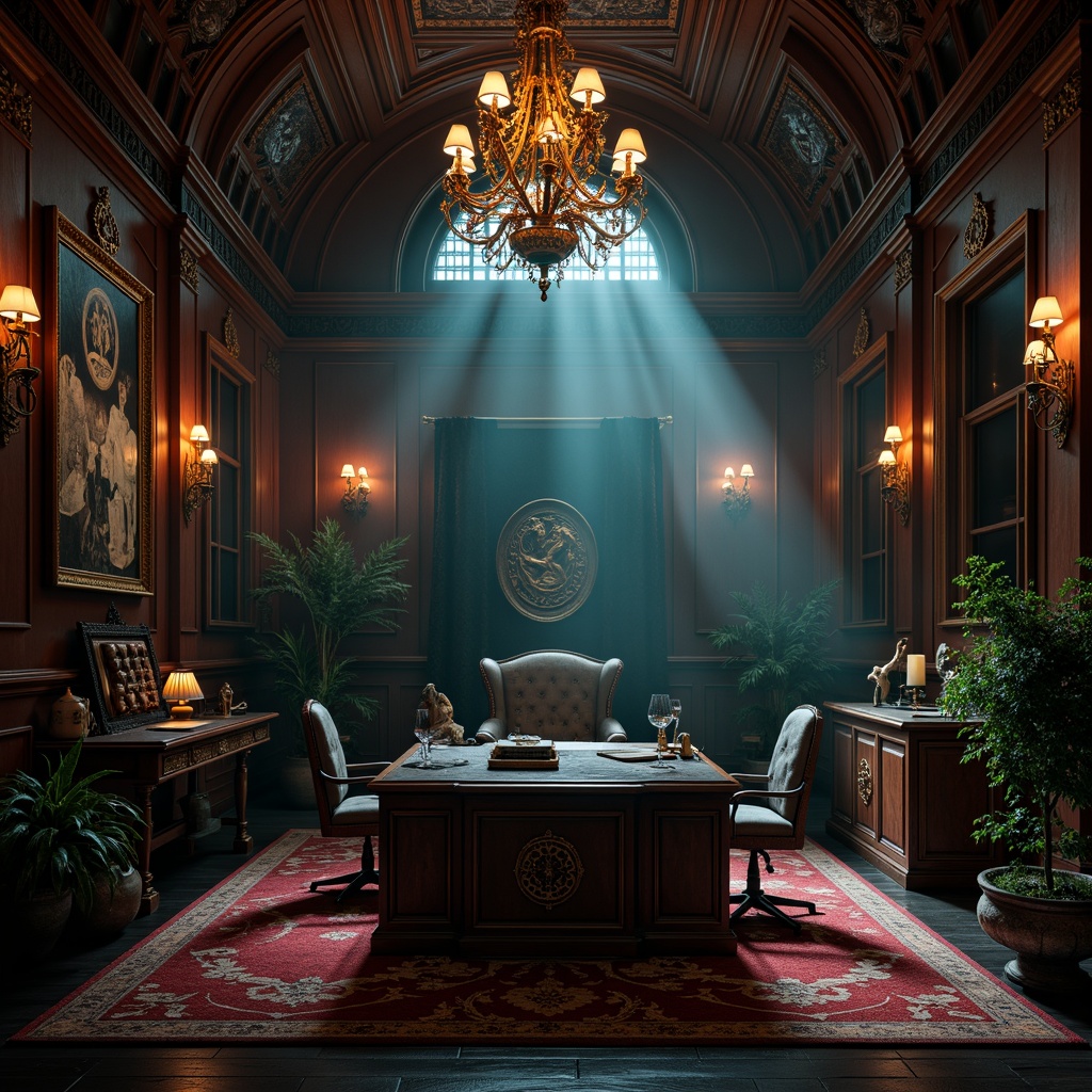 Prompt: Dark mysterious office space, rich wood paneling, ornate metalwork, vaulted ceilings, grandiose chandeliers, eerie atmospheric lighting, dramatic color scheme, deep red wine tones, midnight blues, dark emerald greens, charcoal grays, golden accents, luxurious velvet fabrics, intricate stone carvings, mystical symbols, mysterious artifacts, foggy misty atmosphere, low-key warm lighting, cinematic composition, detailed textures, ambient occlusion.