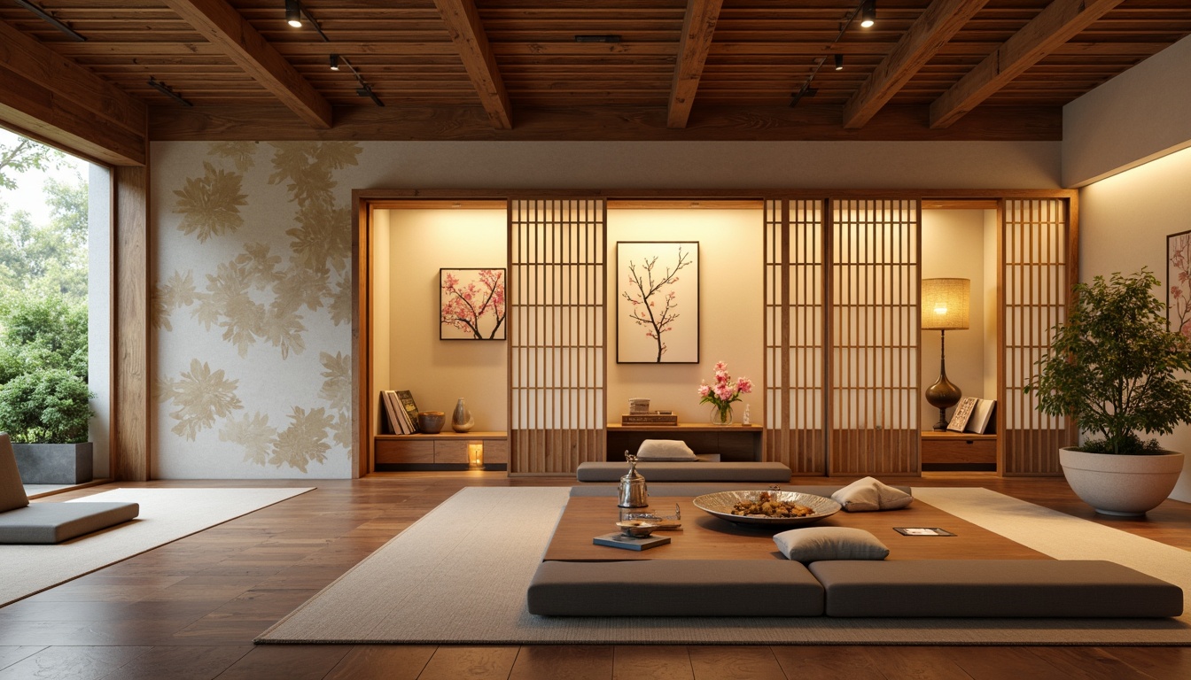 Prompt: Minimalist Asian-inspired interior, natural wood accents, sliding shoji screens, paper lanterns, low-seating tatami mats, traditional Japanese washi paper walls, subtle cherry blossom patterns, warm soft lighting, cozy intimate spaces, functional multi-purpose areas, clutter-free environments, harmonious balance of yin and yang elements, organic curves, natural stone flooring, bonsai trees, serene ambiance, shallow depth of field, 1/1 composition, realistic textures, ambient occlusion.