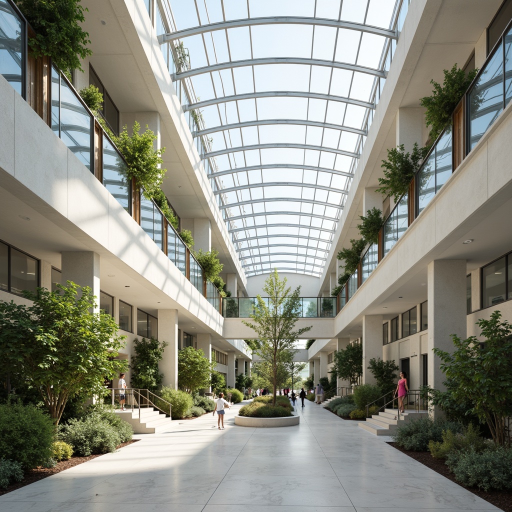 Prompt: Spacious atrium, abundant skylights, floor-to-ceiling windows, transparent glass facades, minimal obstructions, open floor plans, reflective interior surfaces, polished marble floors, luminous white walls, airy staircases, cantilevered roofs, clerestory windows, solar tubes, light shelves, overhangs, vertical green walls, lush green roofs, natural ventilation systems, passive solar design, thermal mass materials, high-albedo finishes, soft diffused lighting, warm color schemes, 1/2 composition, symmetrical framing, realistic material textures, ambient occlusion.