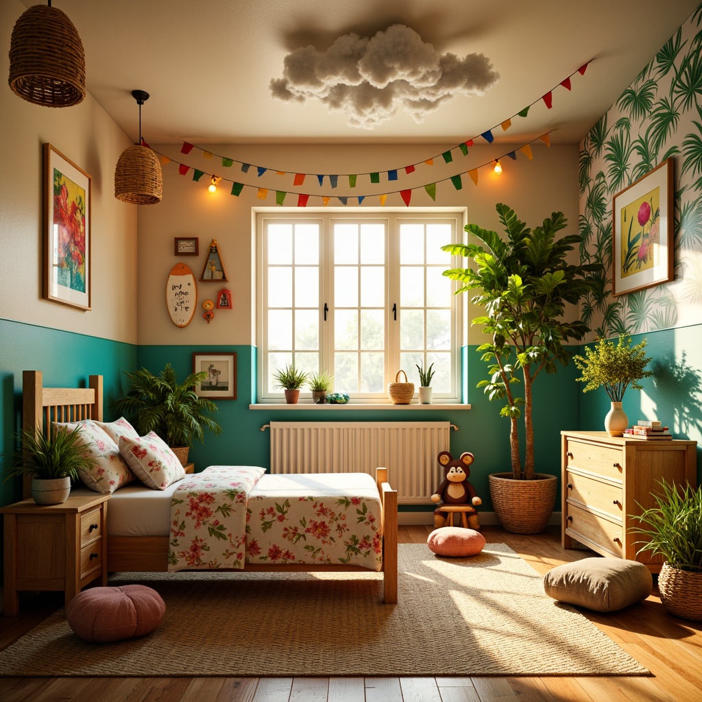 Prompt: Vibrant tropical kids' room, bright sunny day, warm golden lighting, colorful lanterns, string lights, woven rattan lampshades, natural fiber textiles, exotic palm trees, floral patterns, turquoise accents, ocean-inspired decorations, surfboard-themed wall art, playful monkey figurines, jungle-inspired wallpaper, bamboo furniture, woven sea grass rugs, soft pastel colors, whimsical cloud-shaped ceiling fixtures, warm ambient glow.