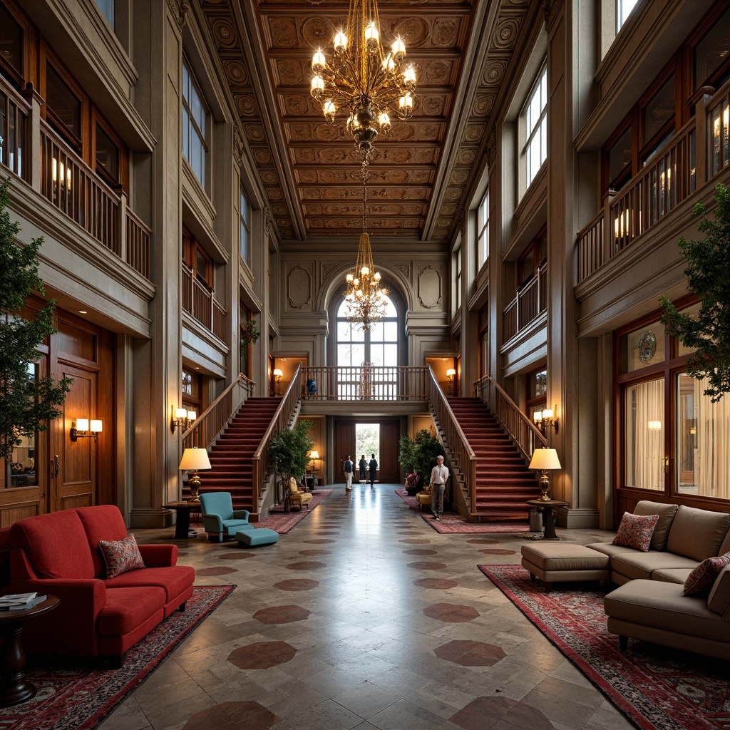 Prompt: Grandiose student halls, ornate Baroque architecture, symmetrical fa\u00e7ade, intricate stone carvings, sweeping staircases, grand chandeliers, lavish furnishings, opulent textiles, rich wood paneling, marble floors, high ceilings, dramatic lighting, warm color palette, intimate study nooks, comfortable lounges, vibrant tapestries, ornate mirrors, gilded accents, majestic entrance halls, stately columns, imposing archways, soft focus, 1/2 composition, atmospheric perspective, realistic reflections.