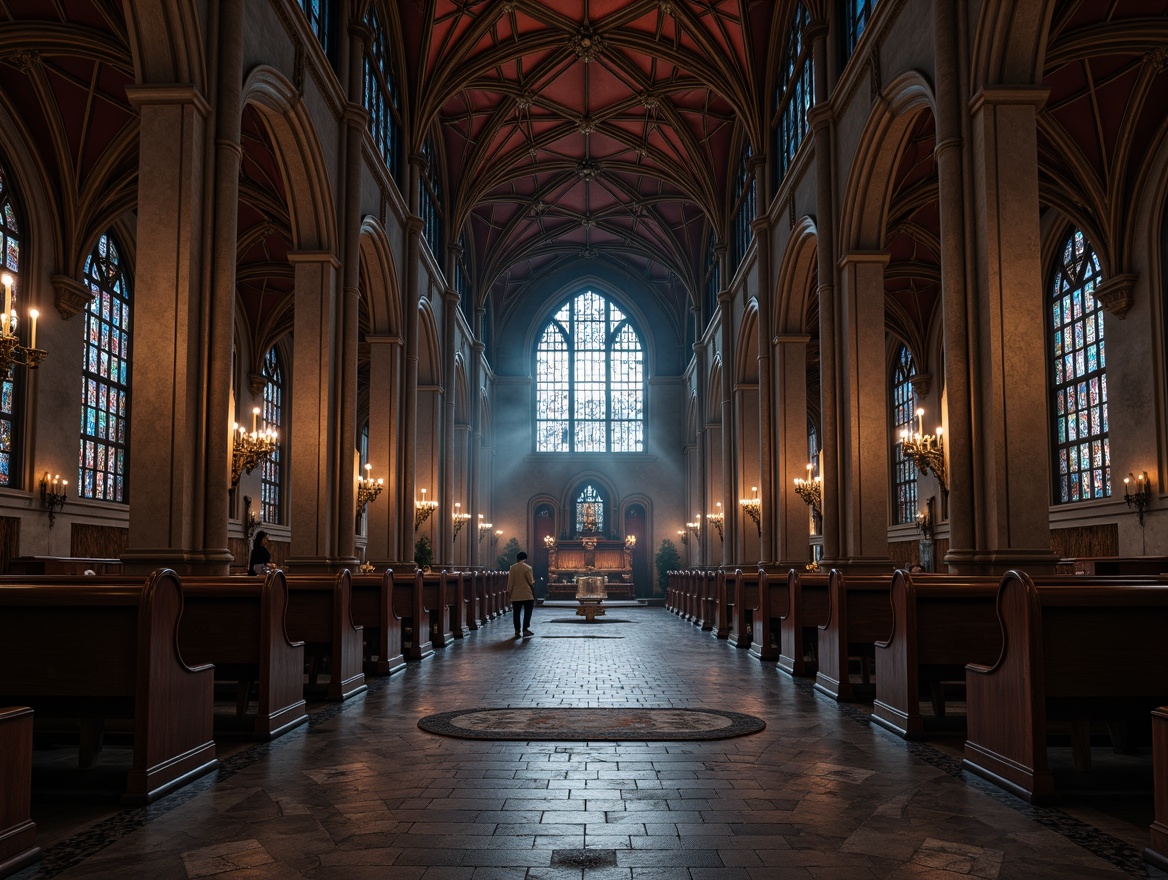 Prompt: Grand cathedral, intricate stone flooring, polished marble surfaces, ornate Gothic arches, ribbed vaulted ceilings, stained glass windows, rich velvet drapes, mysterious dark wood accents, mystical ambiance, warm candlelight, atmospheric misting, dramatic chiaroscuro lighting, 1/2 composition, symmetrical framing, detailed textures, subtle ambient occlusion.