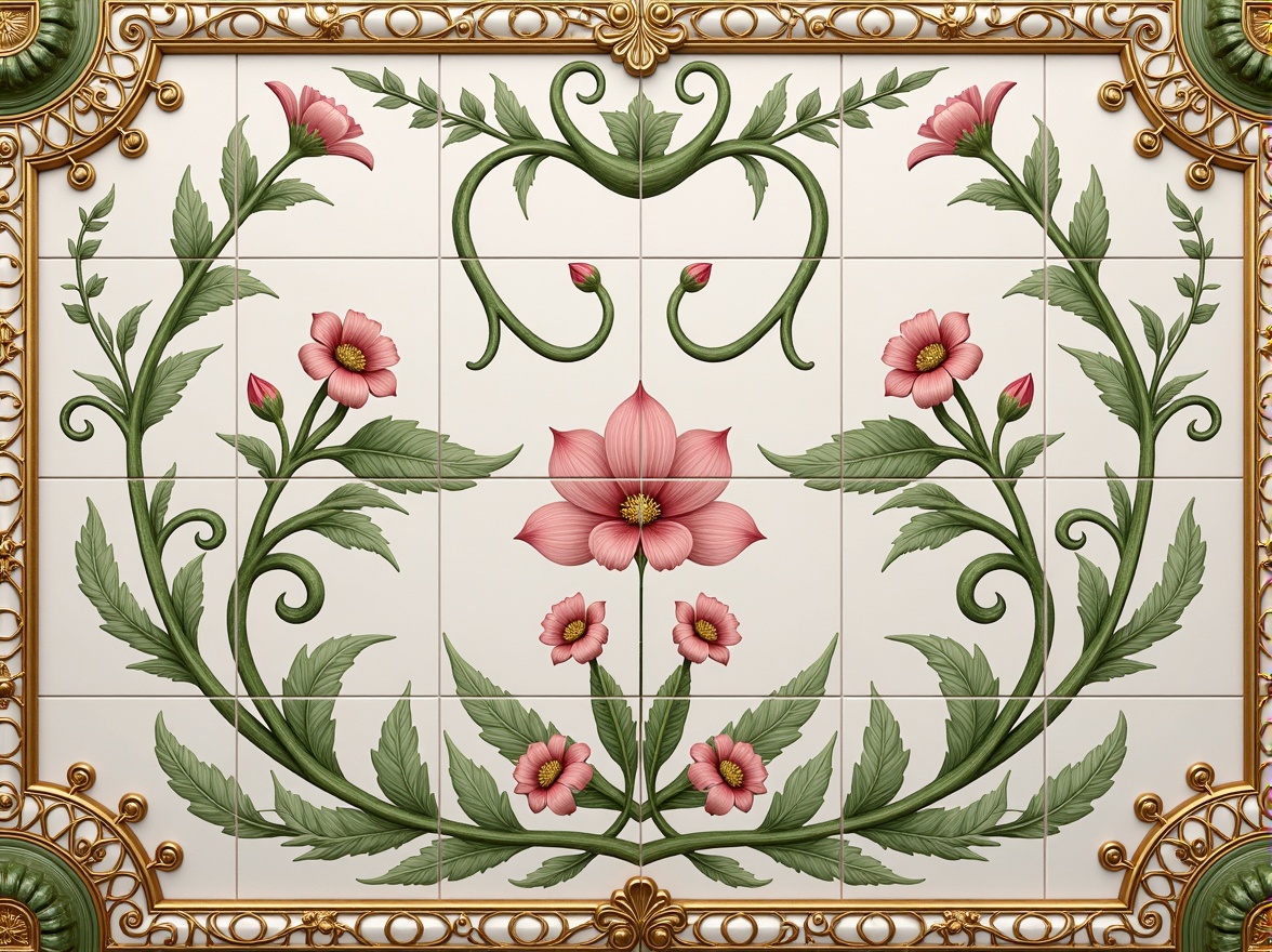 Prompt: Intricate botanical illustrations, flowing organic lines, ornate ceramic tiles, pastel color palette, whimsical florals, curvaceous shapes, luxurious velvet textures, golden metallic accents, elegant symmetries, stylized foliage motifs, delicate tendrils, sinuous curves, subtle gradient effects, warm ambient lighting, shallow depth of field, 1/1 composition, ornate frames, realistic reflections.