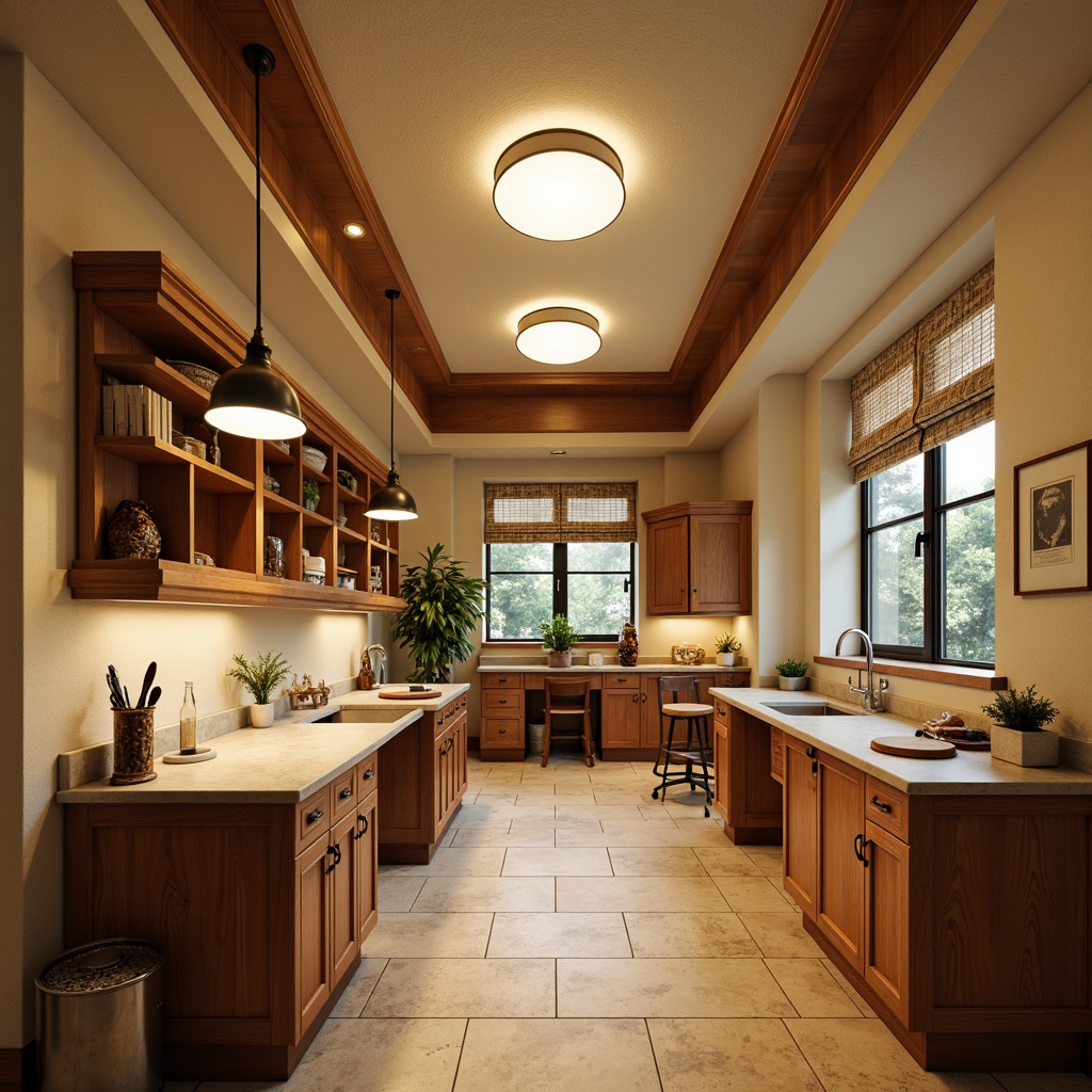 Prompt: Warm beige walls, rich wood cabinetry, classic laboratory furniture, traditional pendant lighting, warm-toned metal fixtures, softbox diffusers, natural stone countertops, earthy color palette, elegant crown molding, subtle ambient illumination, 1/1 composition, realistic textures, soft warm lighting, shallow depth of field, panoramic view.