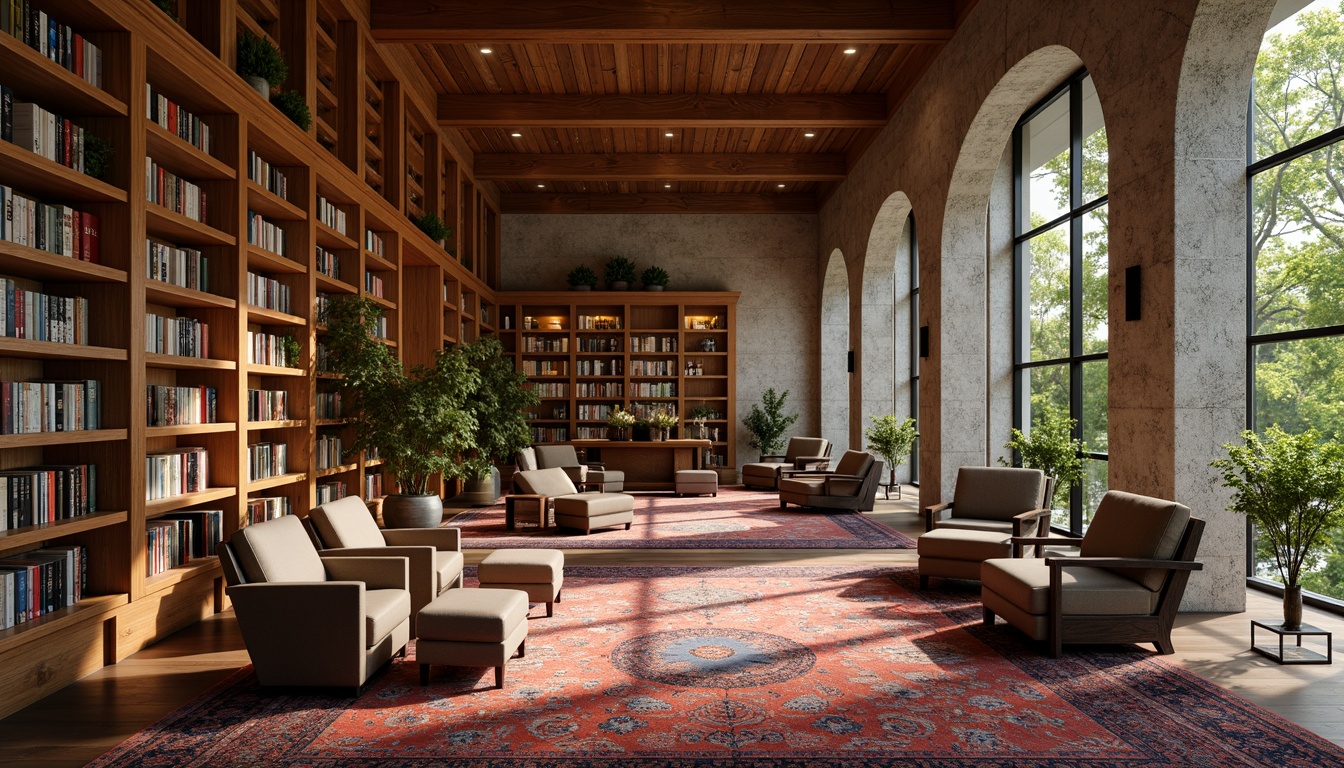 Prompt: Cozy library interior, warm wood accents, comfortable seating areas, floor-to-ceiling bookshelves, soft warm lighting, vibrant colorful rugs, plush armchairs, wooden tables, eclectic book collections, minimalist decor, natural stone walls, large windows, modern architecture, greenery views, calm atmosphere, shallow depth of field, 3/4 composition, realistic textures, ambient occlusion.