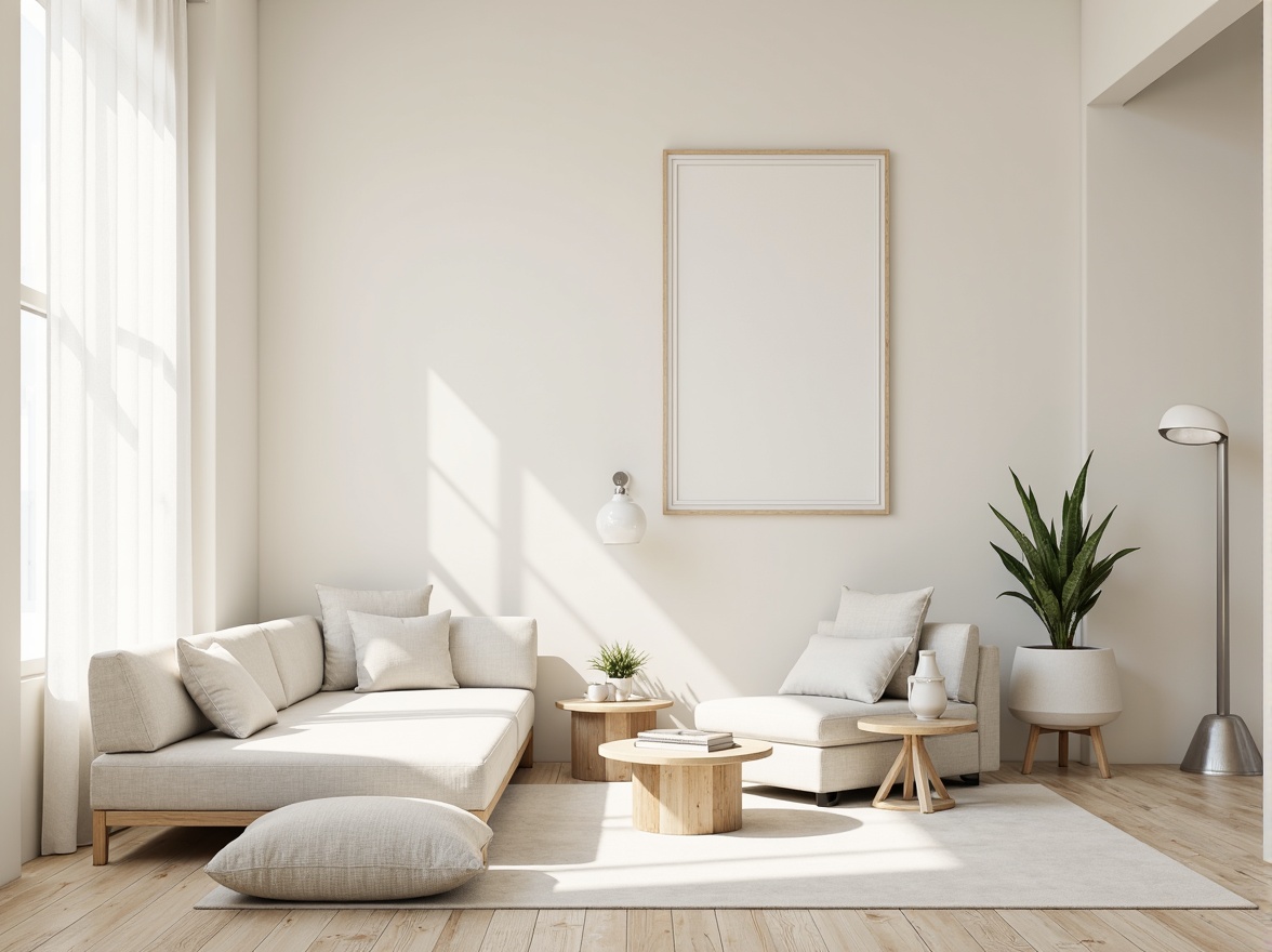 Prompt: Monochromatic interior space, soft cream walls, pale wood flooring, minimal decor, sleek low-profile furniture, subtle textures, natural light pouring in, sheer white curtains, simple geometric shapes, industrial-chic accents, metallic tone lighting fixtures, calm ambiance, 1/1 composition, softbox lighting, realistic rendering, ambient occlusion.