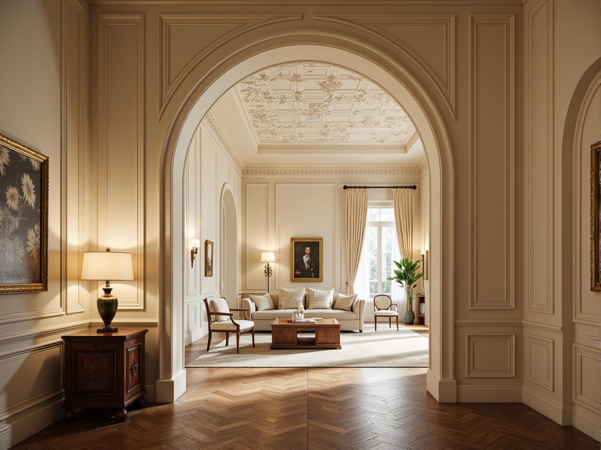 Prompt: Elegant interior, soft warm lighting, curved molding profiles, ornate details, luxurious materials, refined textures, classical architectural elements, sophisticated color palette, cream-colored walls, dark wood flooring, polished metal accents, decorative ceiling treatments, intricate patterns, subtle shadows, 3/4 composition, realistic rendering, ambient occlusion.