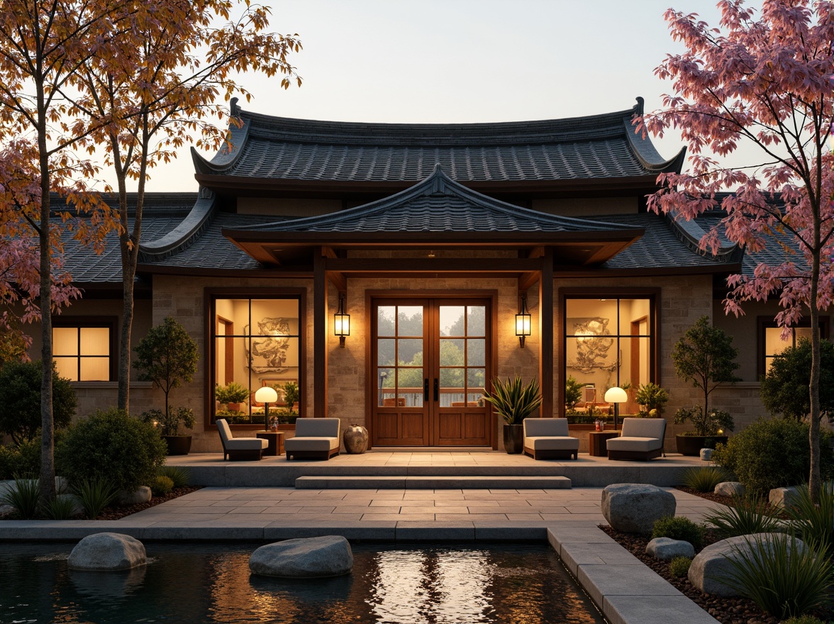 Prompt: Asian-inspired winery, traditional Chinese roof tiles, curved eaves, ornate wooden doors, lantern-style lighting fixtures, warm golden lighting, soft diffused illumination, rustic stone walls, natural wood accents, serene water features, tranquil gardens, lush greenery, blooming cherry blossoms, misty morning atmosphere, subtle shadows, ambient occlusion, 1/1 composition, symmetrical framing, warm color palette, cozy intimate spaces.