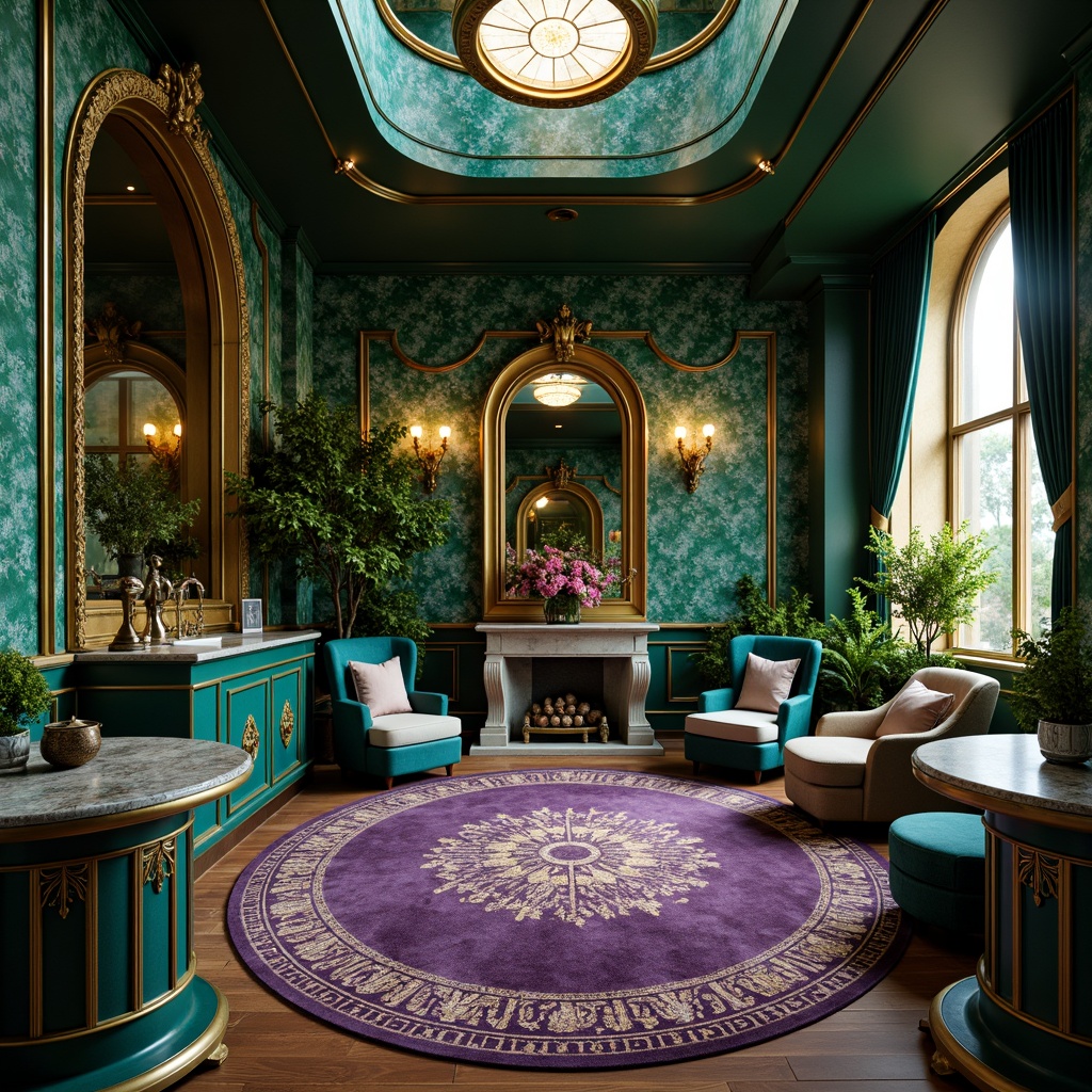 Prompt: Luxurious Art Nouveau interior, opulent curves, organic forms, ornate furnishings, rich jewel tones, emerald green, sapphire blue, amethyst purple, golden accents, bronze fixtures, intricate patterns, flowing lines, soft warm lighting, ambient shadows, realistic textures, ornate mirrors, velvet fabrics, natural materials, blooming flowers, lush greenery, whimsical motifs.