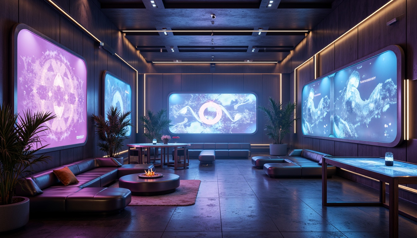 Prompt: Futuristic interior, metallic surfaces, neon accents, holographic displays, glowing LED lights, minimalist furniture, curved lines, geometric shapes, iridescent materials, reflective glass tables, sleek chrome legs, ambient lighting, moody shadows, cinematic color grading, 1/1 composition, shallow depth of field, soft focus, atmospheric misting effects.