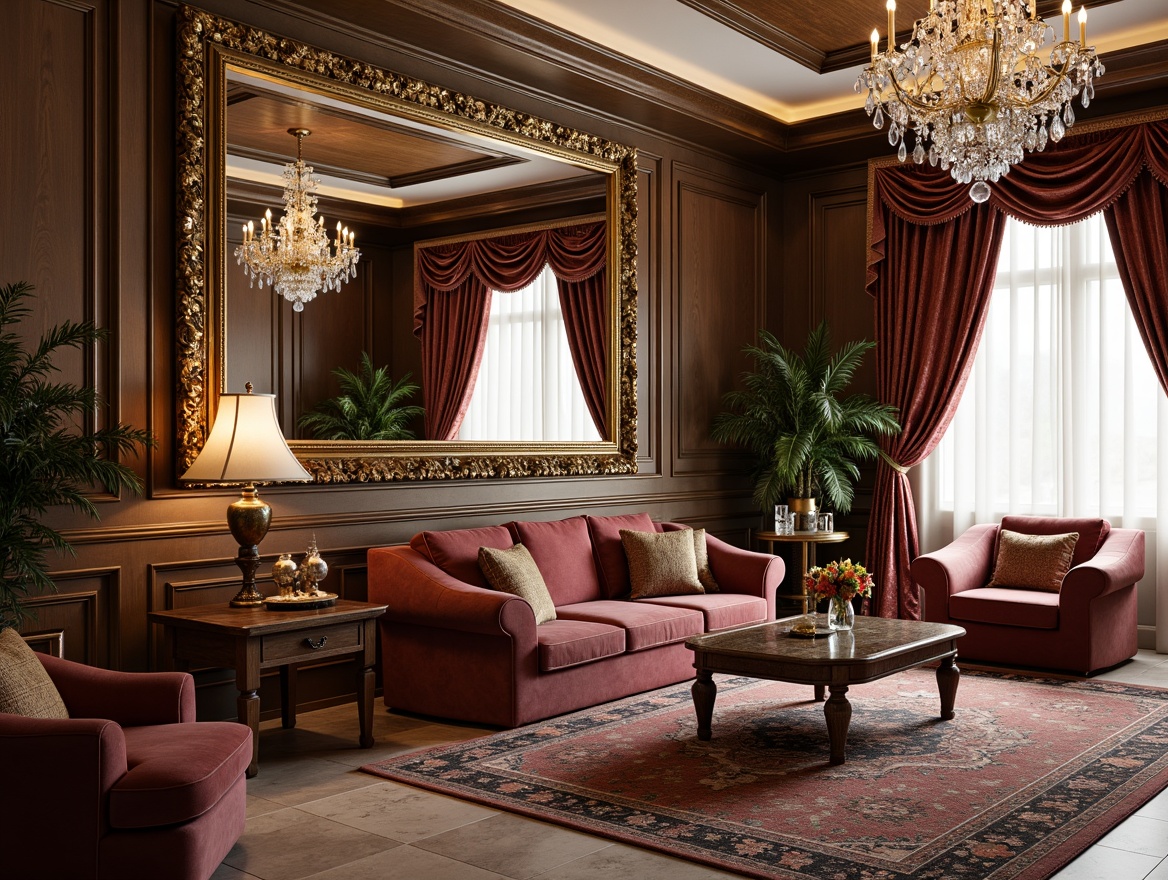 Prompt: Luxurious living room, ornate golden frames, intricately carved wooden furniture, velvet upholstered sofas, crystal chandeliers, marble floors, richly patterned rugs, lavish drapery, opulent fabrics, sparkling crystal accents, warm soft lighting, shallow depth of field, 1/1 composition, realistic textures, ambient occlusion.