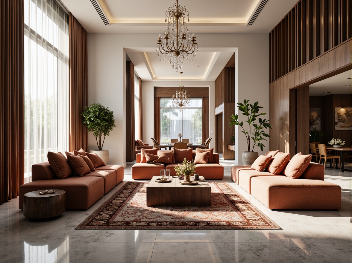 Prompt: Plush velvet sofas, soft silk cushions, intricately patterned rugs, richly embroidered fabrics, luxurious marble floors, modern minimalist interior design, sleek wooden accents, natural light pouring in through large windows, elegant crystal chandeliers, warm ambient lighting, shallow depth of field, 3/4 composition, panoramic view, realistic textures, ambient occlusion.