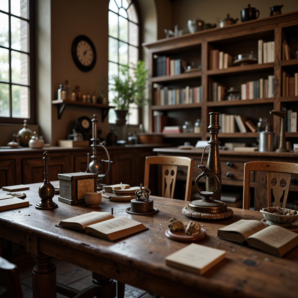 Prompt: Traditional laboratory setting, wooden workbenches, antique scientific instruments, distressed leather-bound tomes, vintage metal cabinets, ornate wooden chairs, rich wood paneling, earthy color palette, warm soft lighting, shallow depth of field, 1/2 composition, realistic textures, ambient occlusion.