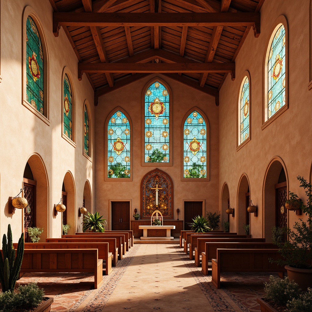 Prompt: Vibrant southwestern churches, ornate stained glass windows, warm earthy tones, turquoise accents, geometric patterns, desert landscapes, cacti surroundings, adobe architecture, rustic wooden doors, intricate stone carvings, colorful tapestries, golden altarpieces, majestic vaulted ceilings, soft diffused lighting, 1/1 composition, realistic textures, ambient occlusion.