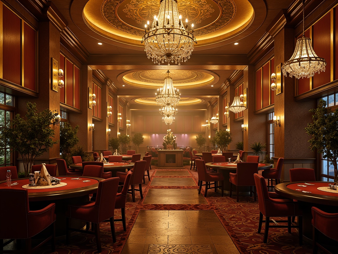 Prompt: Opulent casino interior, grandiose chandeliers, warm golden lighting, rich wood tones, luxurious velvet fabrics, intricate stone carvings, ornate metalwork, mysterious dark accents, lavish furnishings, crystal droplets, dramatic spotlights, warm color temperature, high contrast ratios, cinematic ambiance, 3-point lighting setup, low-key shadows, ornate architectural details, mystical atmosphere, eerie fog effects, dimly lit corridors.