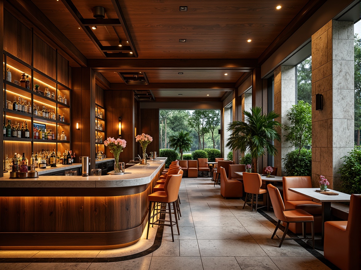 Prompt: Luxurious bar interior, rich wood tones, metallic accents, soft ambient lighting, plush upholstery, elegant marble countertops, sleek glass shelves, premium leather stools, sophisticated chrome fixtures, lavish greenery, natural stone walls, earthy color palette, warm atmospheric lighting, shallow depth of field, 1/1 composition, realistic textures, ambient occlusion.