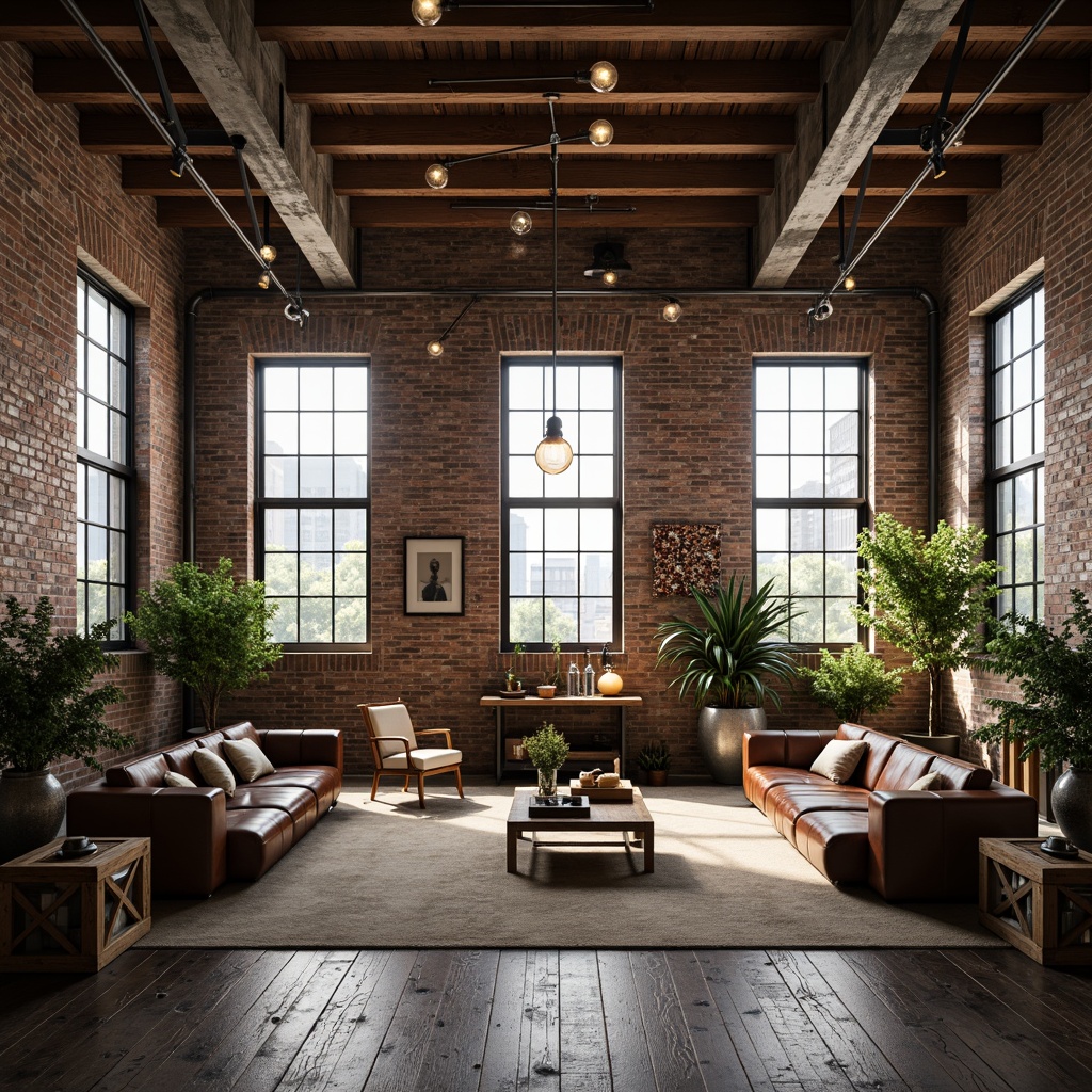 Prompt: Industrial chic open space, exposed brick walls, rustic metal beams, reclaimed wood flooring, vintage factory windows, distressed concrete pillars, Edison bulb lighting, eclectic mix of antique furniture, modern minimalist decor, lush greenery, urban loft atmosphere, natural stone accents, industrial-style lighting fixtures, metallic color scheme, weathered wooden crates, aged leather sofas, abstract art pieces, airy high ceilings, soft warm glow, shallow depth of field, 1/1 composition, realistic textures, ambient occlusion.