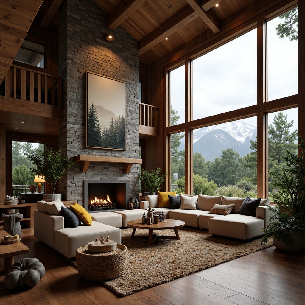 Prompt: Cozy great room, reclaimed wood accents, stone fireplace, plush area rug, comfortable sectional sofa, nature-inspired artwork, large windows, panoramic mountain views, surrounding forest, wooden beams, earthy color palette, natural textiles, woven baskets, potted greenery, ambient warm lighting, soft shadows, 1/1 composition, realistic wood textures, atmospheric misting.