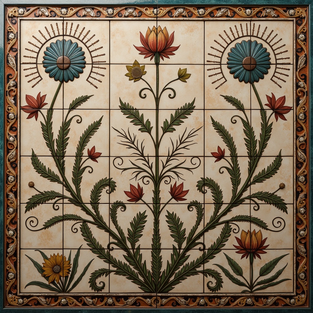 Prompt: Intricate floral patterns, organic shapes, sinuous lines, ornate details, ceramic tiles, earthy tones, muted colors, metallic accents, geometric motifs, whiplash curves, botanical illustrations, stylized foliage, natural forms, flowing tendrils, curved silhouettes, decorative borders, vibrant glazes, textured surfaces, shimmering effects, warm ambient lighting, soft focus, 1/1 composition, ornate frame, artistic rendering.