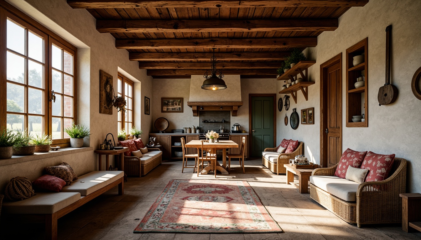 Prompt: Distressed wooden beams, vintage farming tools, earthy color palette, natural stone walls, rustic metal lanterns, woven wicker furniture, plush throw blankets, floral patterned rugs, country-style kitchenware, antique window frames, soft warm lighting, shallow depth of field, 1/1 composition, cozy atmosphere, realistic textures, ambient occlusion.