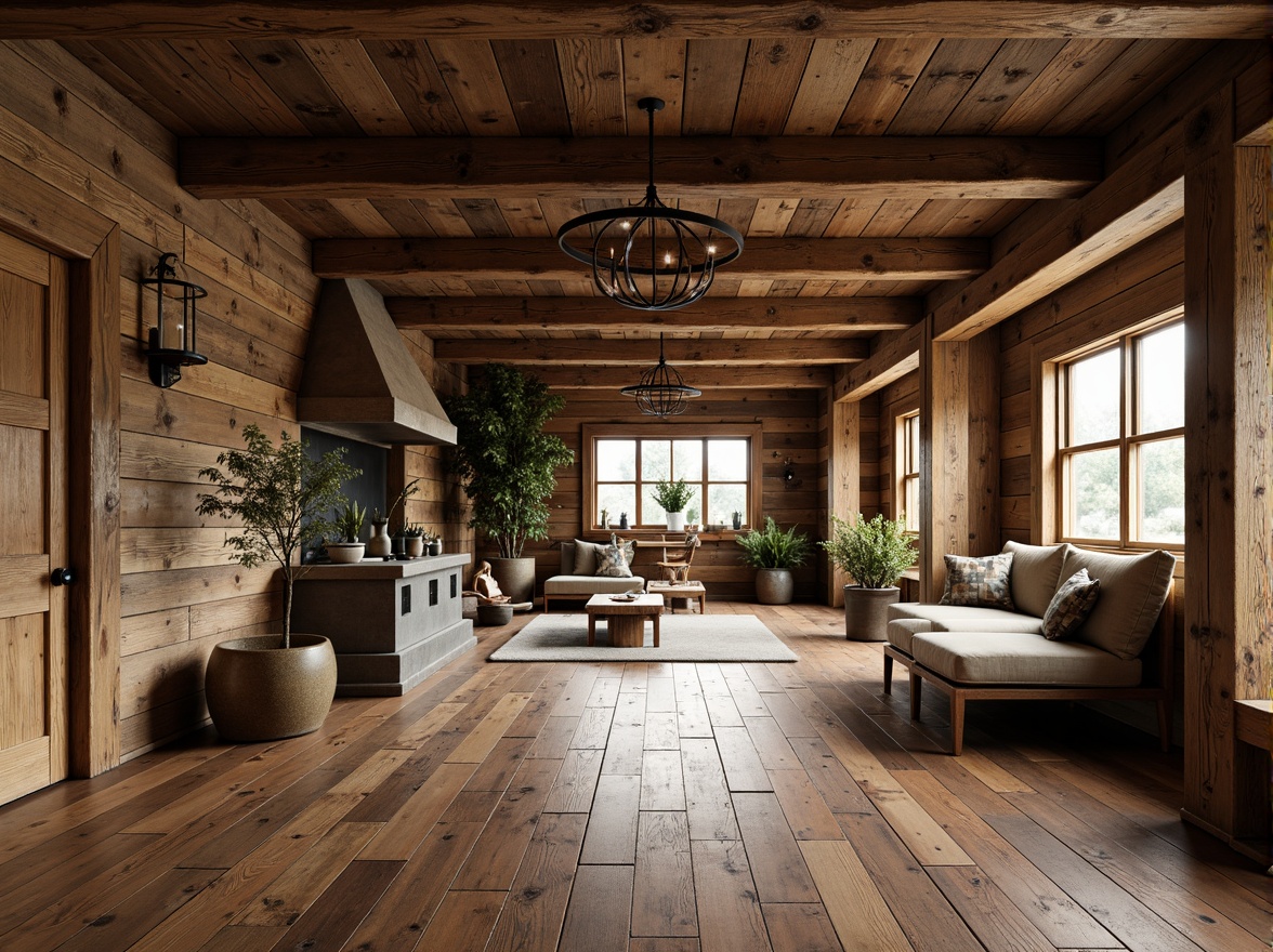 Prompt: Rustic farmhouse, reclaimed wood planks, distressed finishes, earthy tones, natural textures, wide plank flooring, worn wooden beams, vintage decor, cozy atmosphere, soft warm lighting, shallow depth of field, 3/4 composition, panoramic view, realistic textures, ambient occlusion.